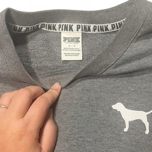 Grey Victoria's Secret PINK Long Sleeve Crewneck Sweatshirt, With White Dog Logo - Picture 3 of 8
